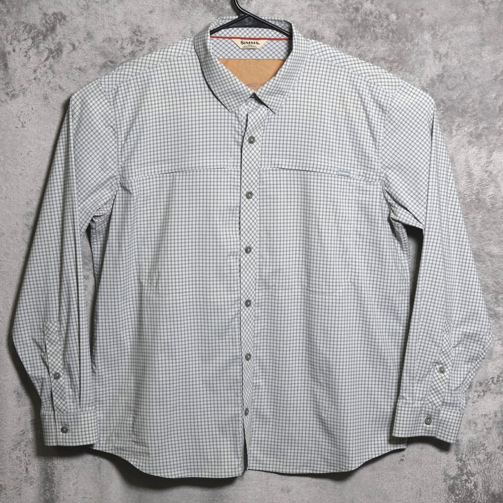 Simms Fishing Shirt Mens XL Gray Plaid Long Sleeve Stretch Zip Pockets Outdoor